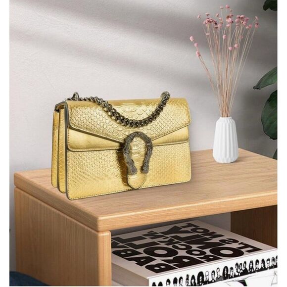 Gold Silver Faux Vegan Alligator Chain Crossbody Satchel Bag - Picture 4 of 5